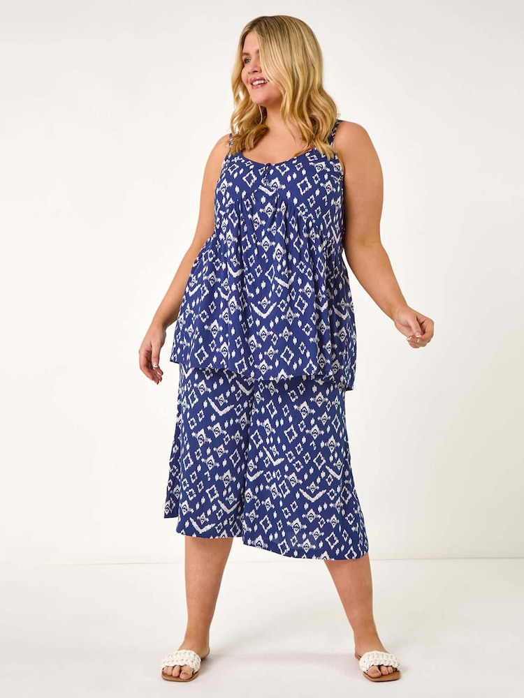Roman Blue Curve Ikat Print Wide Leg Culottes - Image 2 of 5