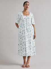 Albaray Blossom Print Linen Button White Dress - Image 1 of 4