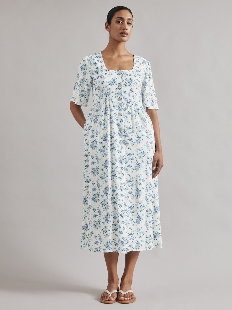 Albaray Blossom Print Linen Button White Dress - Image 1 of 4