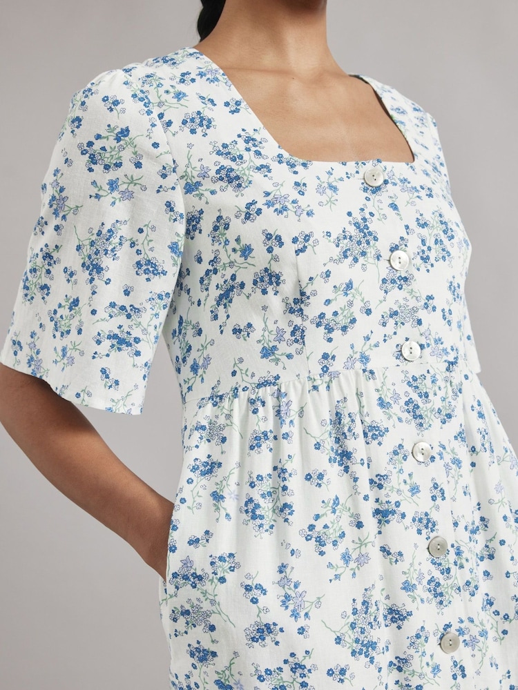 Albaray Blossom Print Linen Button White Dress - Image 3 of 4