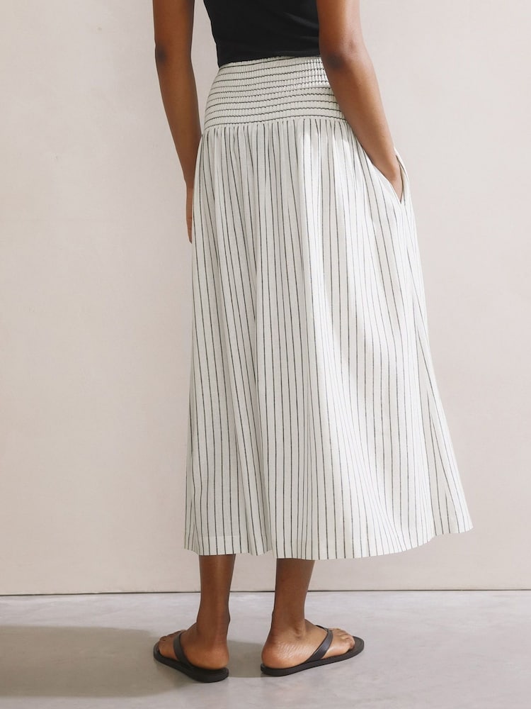 Albaray Stripe Linen Shirred Waist White Skirt - Image 3 of 5