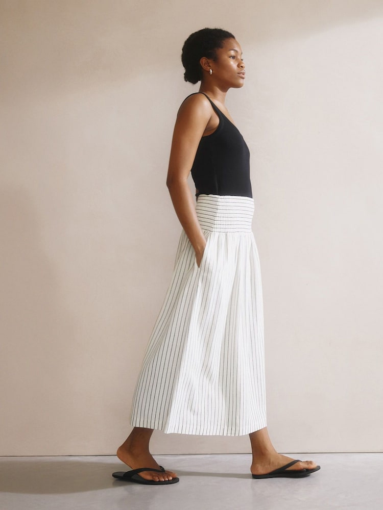 Albaray Stripe Linen Shirred Waist White Skirt - Image 4 of 5