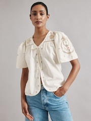 Albaray Cream Embroidered Tie Top - Image 1 of 5