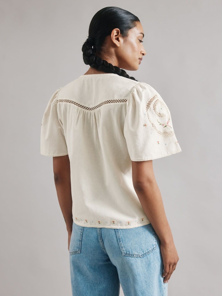 Albaray Cream Embroidered Tie Top - Image 2 of 5 Albaray Cream Embroidered Tie Top - Image 2 of 5