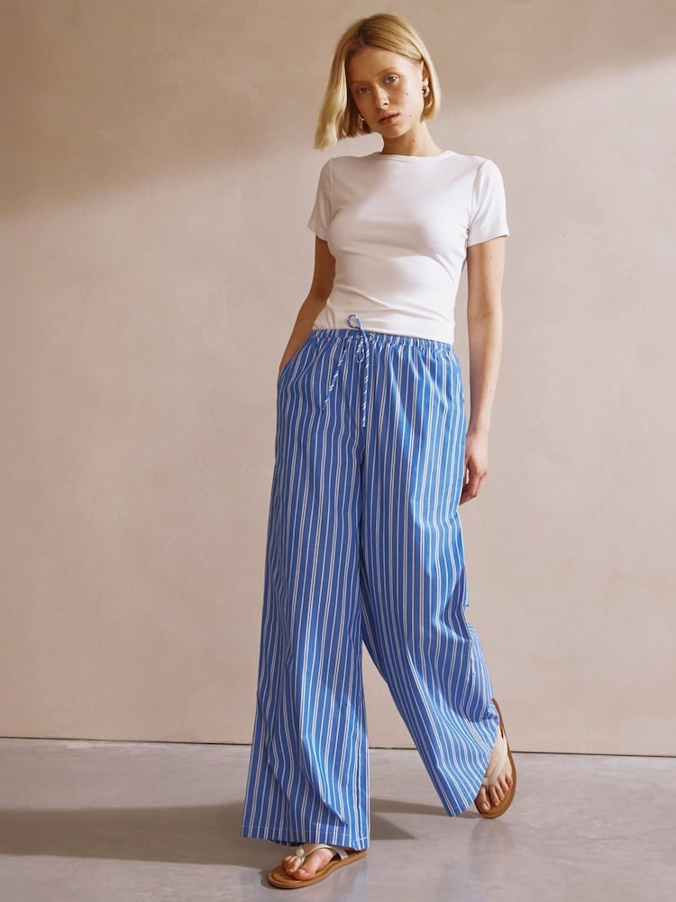 Albaray Blue Stripe Drawstring Trousers - Image 1 of 5 Albaray Blue Stripe Drawstring Trousers - Image 1 of 5