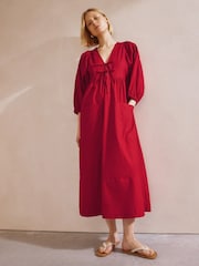 Albaray Red Tie V-Neck 100% Cotton Dress - Image 1 of 5