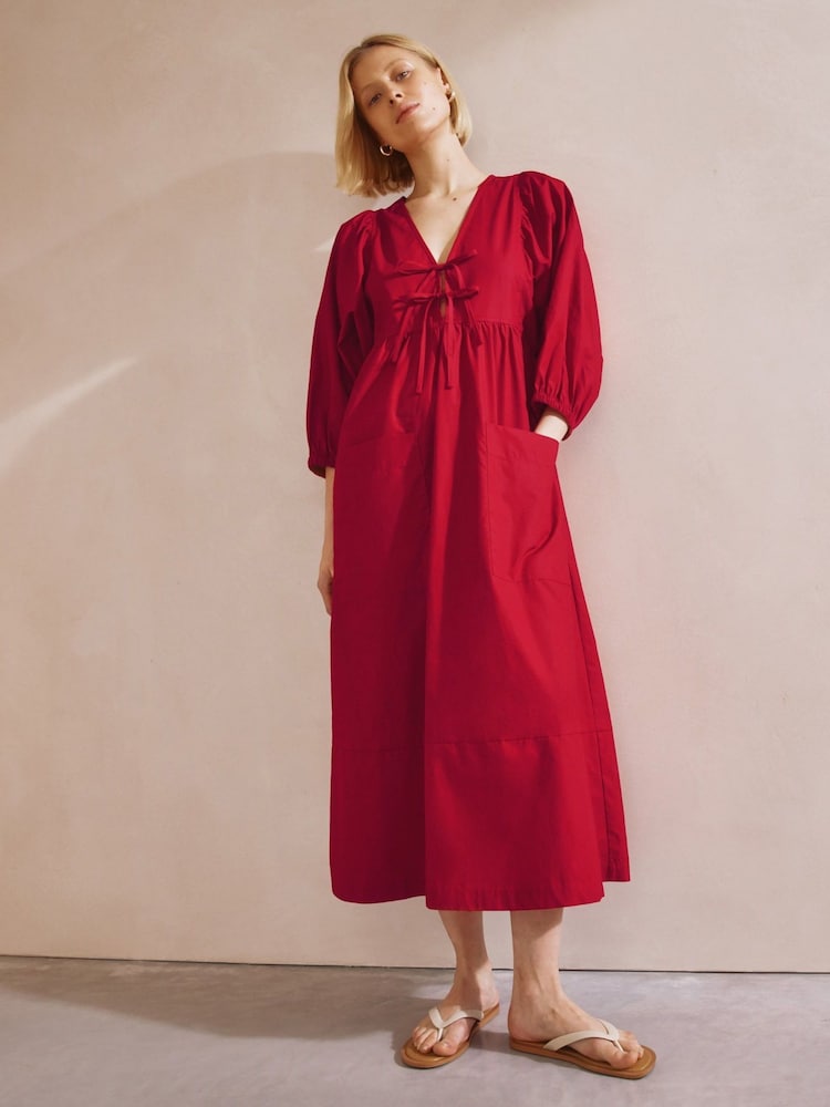 Albaray Red Tie V-Neck 100% Cotton Dress - Image 1 of 5