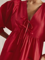Albaray Red Tie V-Neck 100% Cotton Dress - Image 3 of 5