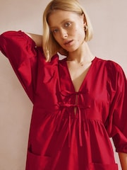 Albaray Red Tie V-Neck 100% Cotton Dress - Image 4 of 5