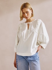 Albaray Cream 100% Cotton Pintuck Sleeve Top - Image 1 of 7