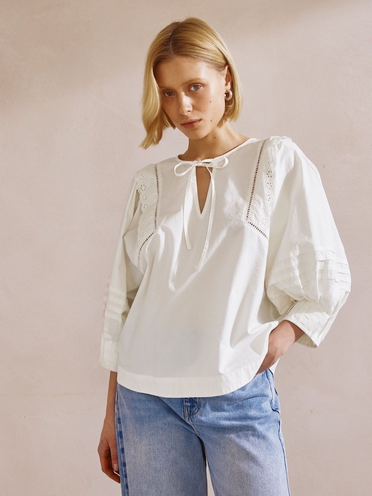Albaray Cream 100% Cotton Pintuck Sleeve Top - Image 1 of 7