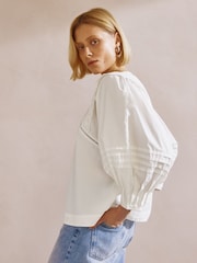 Albaray Cream 100% Cotton Pintuck Sleeve Top - Image 4 of 7