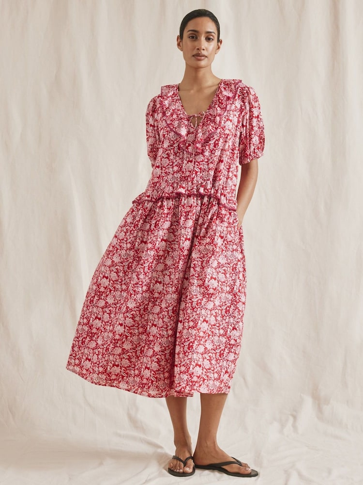Albaray Red Woodblock Frill Midi Dress - Image 1 of 5 Albaray Red Woodblock Frill Midi Dress - Image 1 of 5