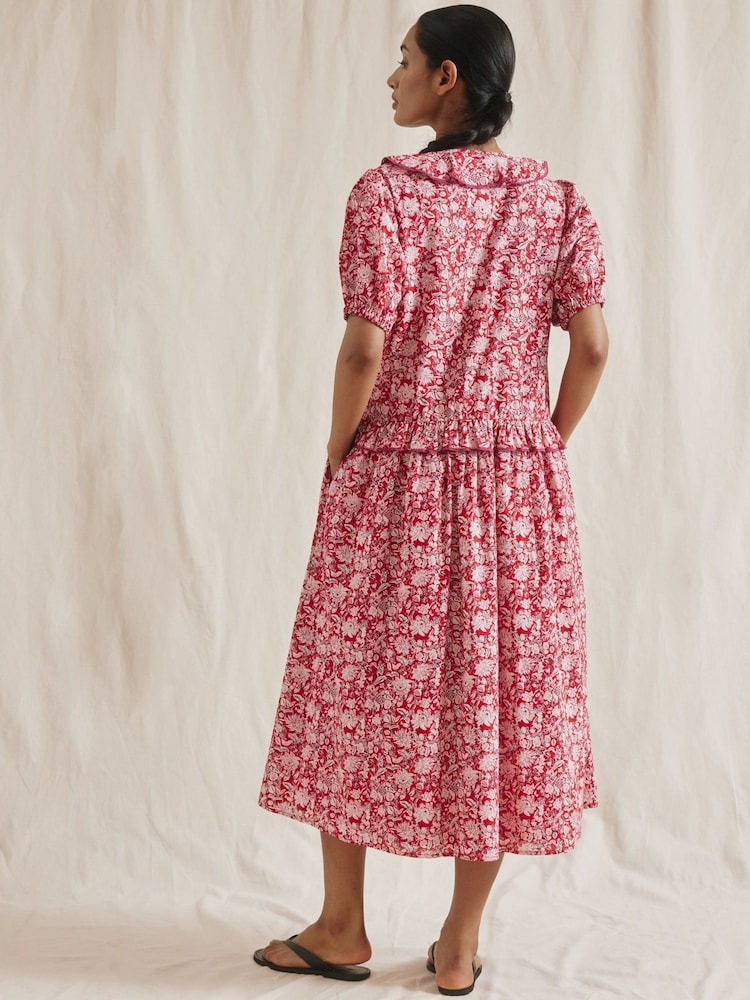 Albaray Red Woodblock Frill Midi Dress - Image 2 of 5 Albaray Red Woodblock Frill Midi Dress - Image 2 of 5