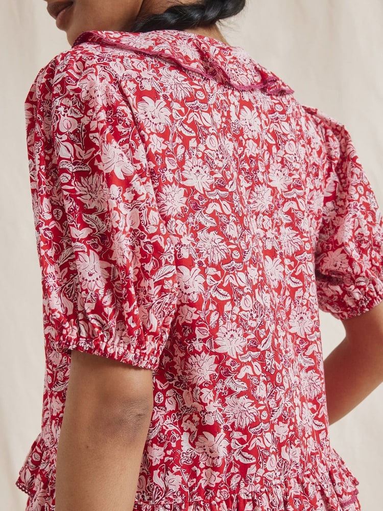 Albaray Red Woodblock Frill Midi Dress - Image 3 of 5