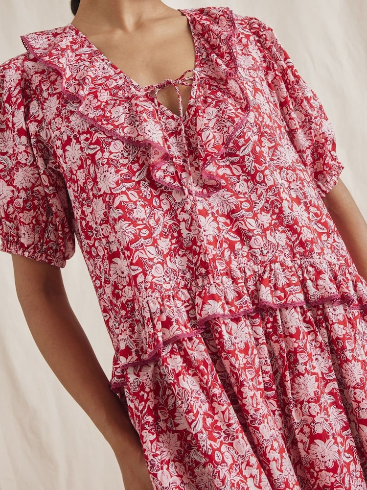 Albaray Red Woodblock Frill Midi Dress - Image 4 of 5
