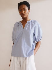 Albaray Blue Ticking Stripe Notch Neck Top - Image 1 of 5