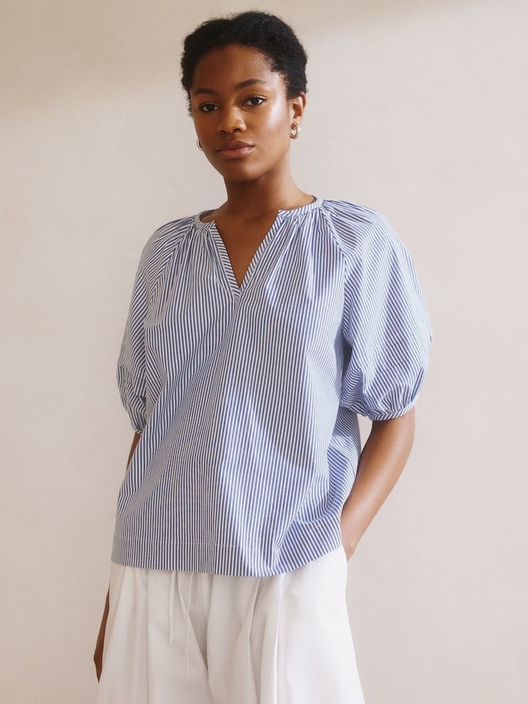 Albaray Blue Ticking Stripe Notch Neck Top - Image 1 of 5