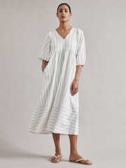 Albaray Wide Stripe Linen V-Neck White Dress - Image 1 of 5