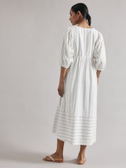 Albaray Wide Stripe Linen V-Neck White Dress - Image 2 of 5