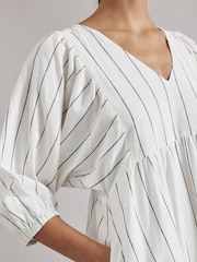 Albaray Wide Stripe Linen V-Neck White Dress - Image 3 of 5
