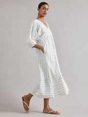 Albaray Wide Stripe Linen V-Neck White Dress - Image 4 of 5
