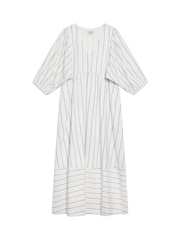Albaray Wide Stripe Linen V-Neck White Dress - Image 5 of 5