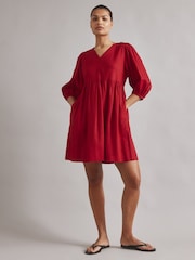 Albaray Red Linen Short V-Neck Dress - Image 1 of 5
