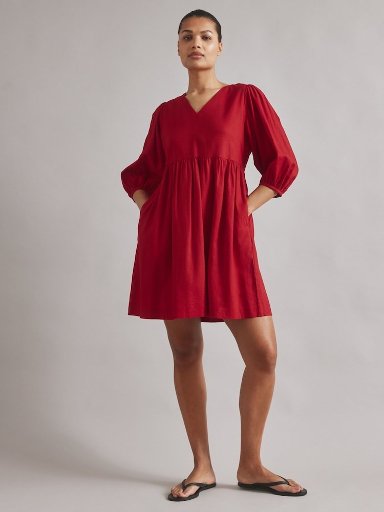 Albaray Red Linen Short V-Neck Dress - Image 1 of 5