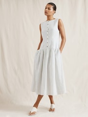 Albaray Stripe Linen Waistcoat Midi White Dress - Image 1 of 6