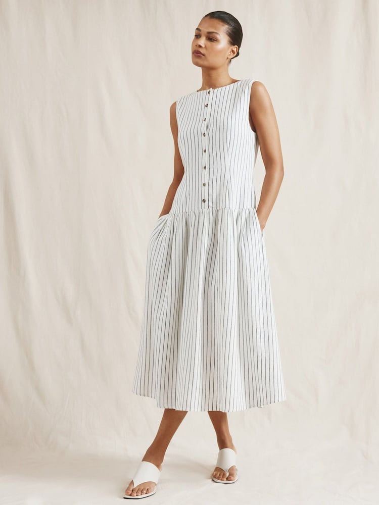 Albaray Stripe Linen Waistcoat Midi White Dress - Image 1 of 6
