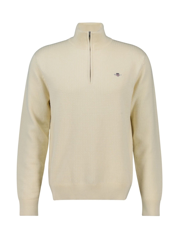 GANT Cream Textured 100% Cotton Half Zip Jumper - Image 1 of 2
