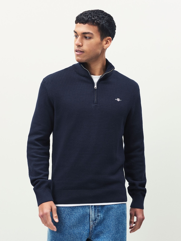 GANT Blue Textured 100% Cotton Half Zip Jumper - Image 1 of 4 GANT Blue Textured 100% Cotton Half Zip Jumper - Image 1 of 4