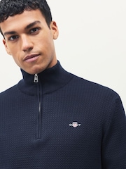 GANT Blue Textured 100% Cotton Half Zip Jumper - Image 3 of 4