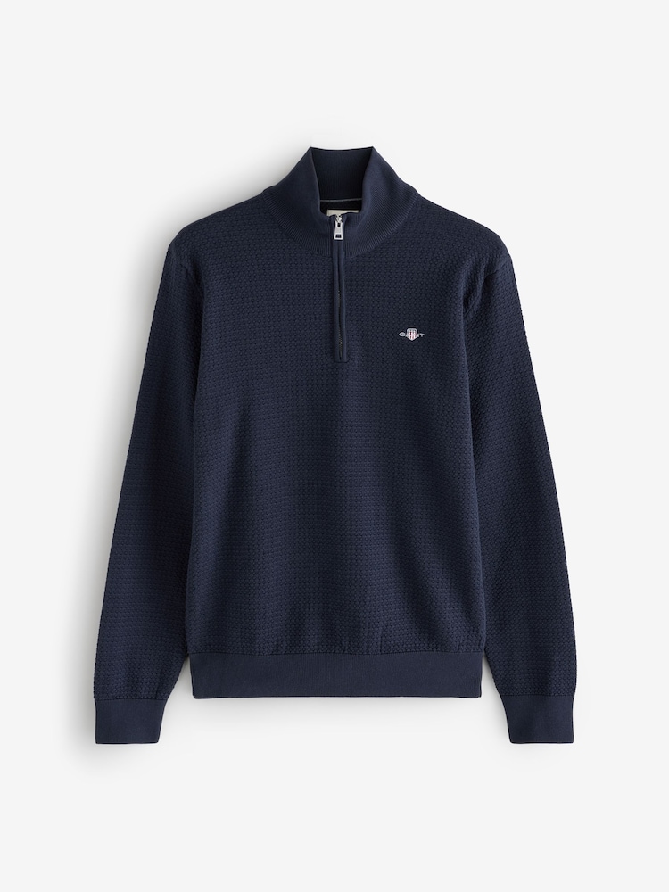 GANT Blue Textured 100% Cotton Half Zip Jumper - Image 4 of 4