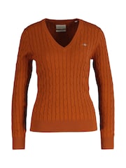 GANT Brown Stretch Cotton Cable Knit V-Neck Sweater - Image 1 of 2
