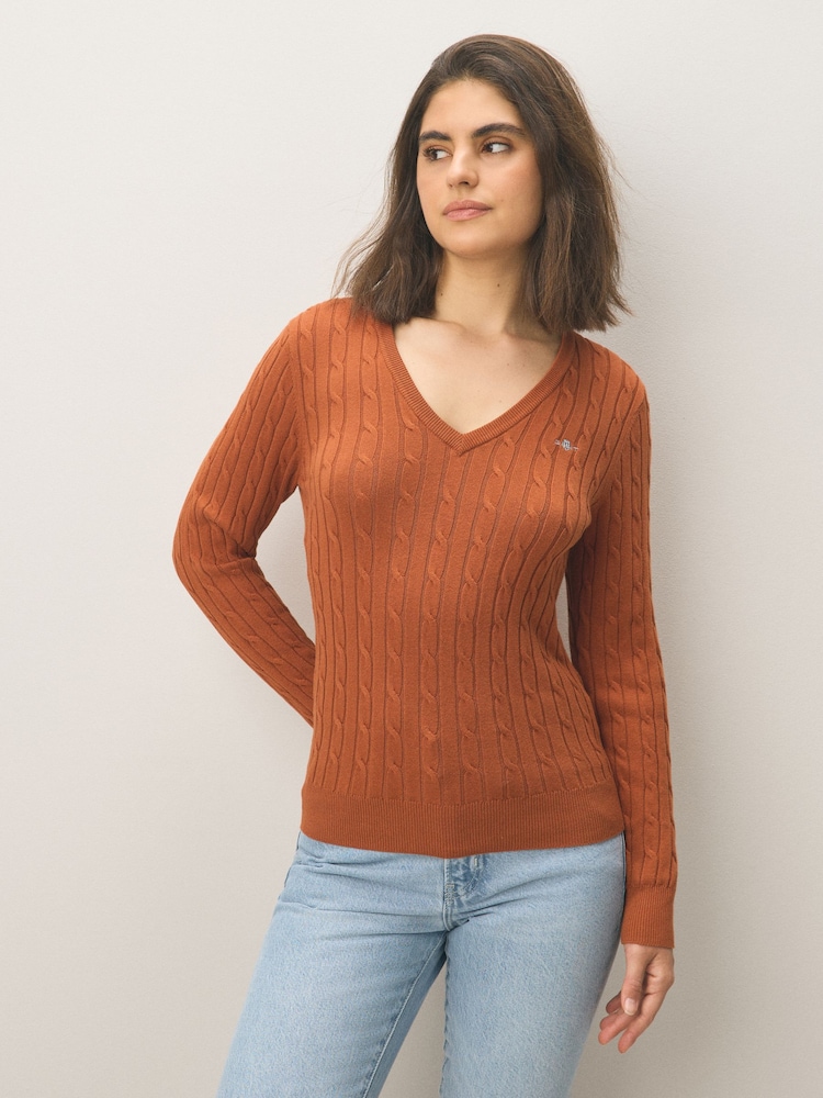 GANT Brown Stretch Cotton Cable Knit V-Neck Sweater - Image 1 of 5 GANT Brown Stretch Cotton Cable Knit V-Neck Sweater - Image 1 of 5