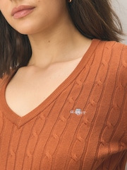 GANT Brown Stretch Cotton Cable Knit V-Neck Sweater - Image 3 of 5