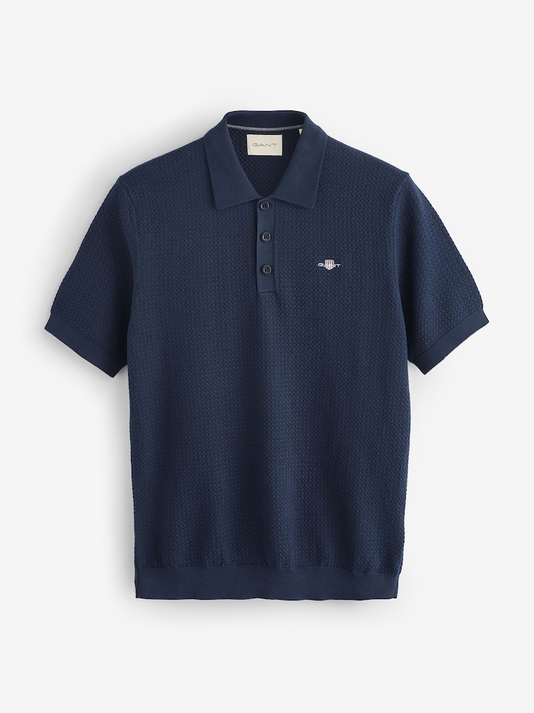 GANT Blue Textured 100% Cotton Polo Shirt - Image 1 of 1