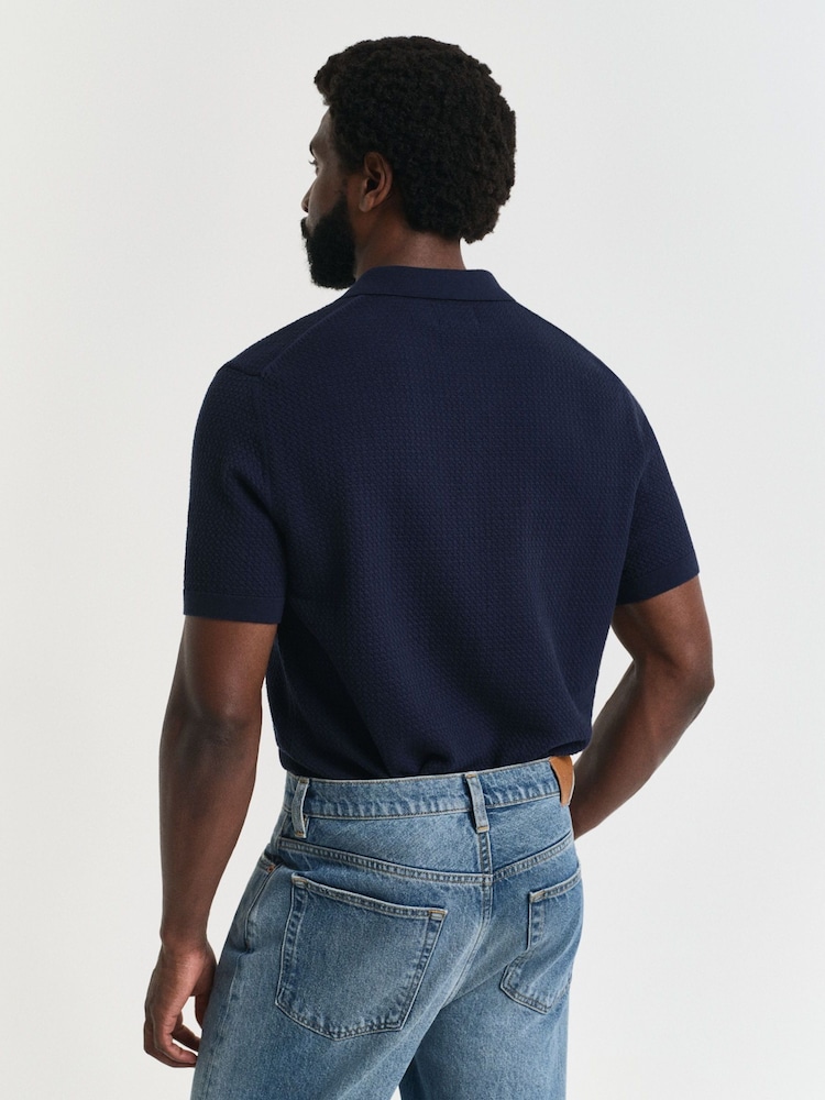 GANT Blue Textured 100% Cotton Polo Shirt - Image 2 of 5