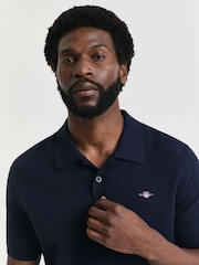 GANT Blue Textured 100% Cotton Polo Shirt - Image 4 of 5
