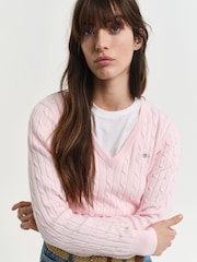GANT Pink Stretch Cotton Cable Knit V-Neck Sweater - Image 3 of 4