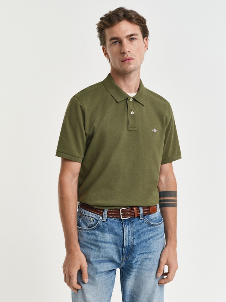 GANT Green Regular Fit 100% Cotton Shield Piqué Polo Shirt - Image 1 of 4