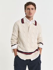 GANT Cream Long Sleeve Knitted Cable Polo Shirt - Image 1 of 4