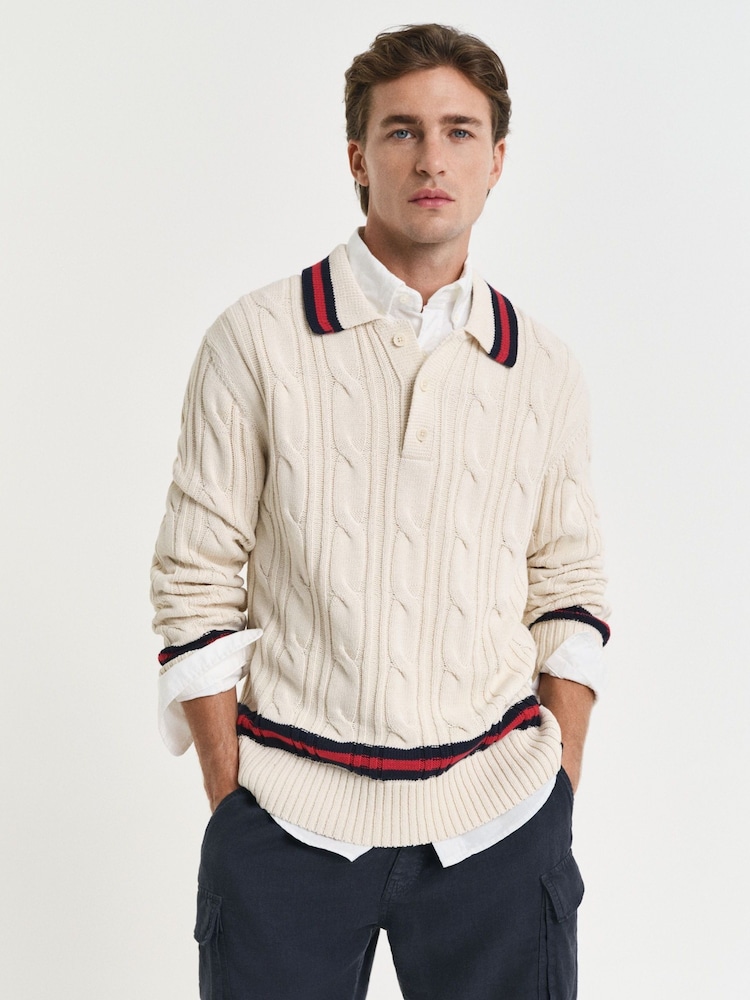 GANT Cream Long Sleeve Knitted Cable Polo Shirt - Image 1 of 4