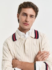 GANT Cream Long Sleeve Knitted Cable Polo Shirt - Image 4 of 4