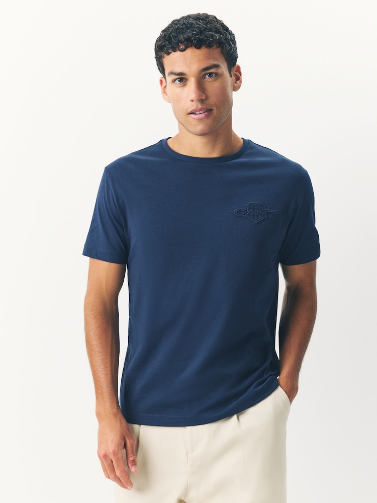 GANT Blue 100% Cotton Tonal Shield T-Shirt - Image 1 of 3 GANT Blue 100% Cotton Tonal Shield T-Shirt - Image 1 of 3