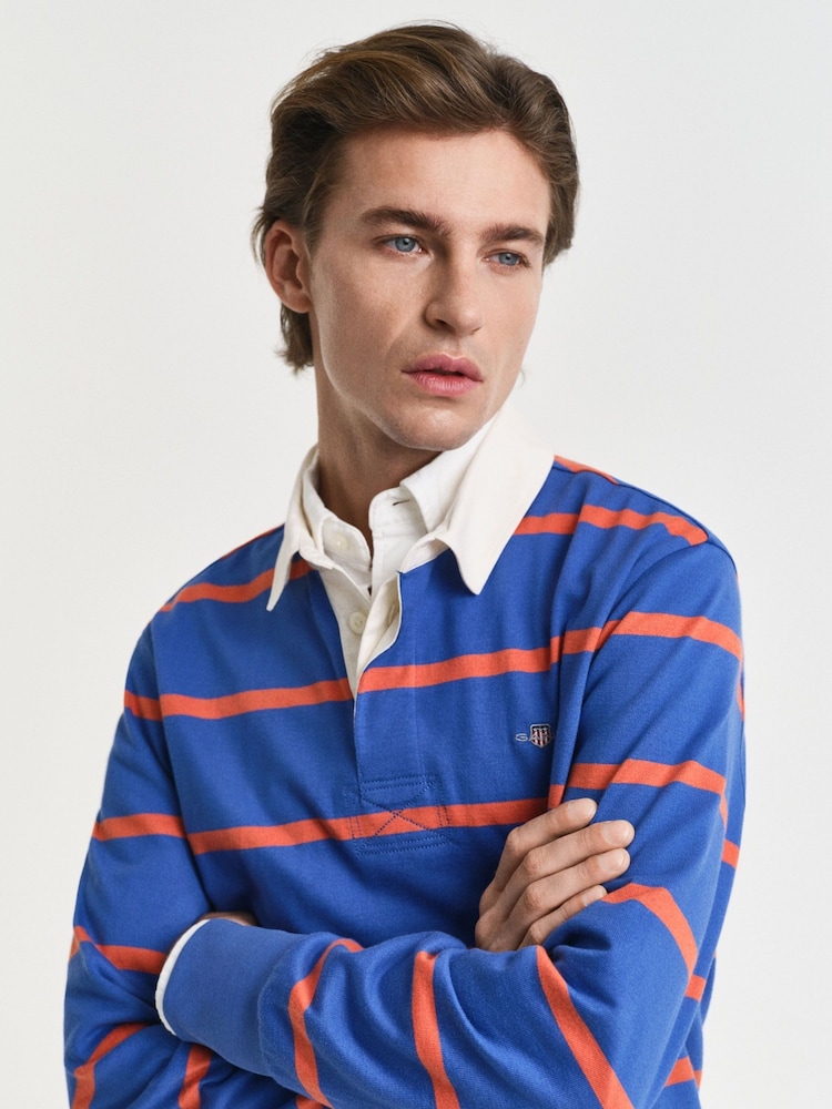 GANT Blue 100% Cotton Long Sleeve Thin Striped Polo Shirt - Image 5 of 5 GANT Blue 100% Cotton Long Sleeve Thin Striped Polo Shirt - Image 5 of 5