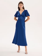 Omnes Navy Rosie Ruched Puff Sleeve Dress - Image 1 of 5