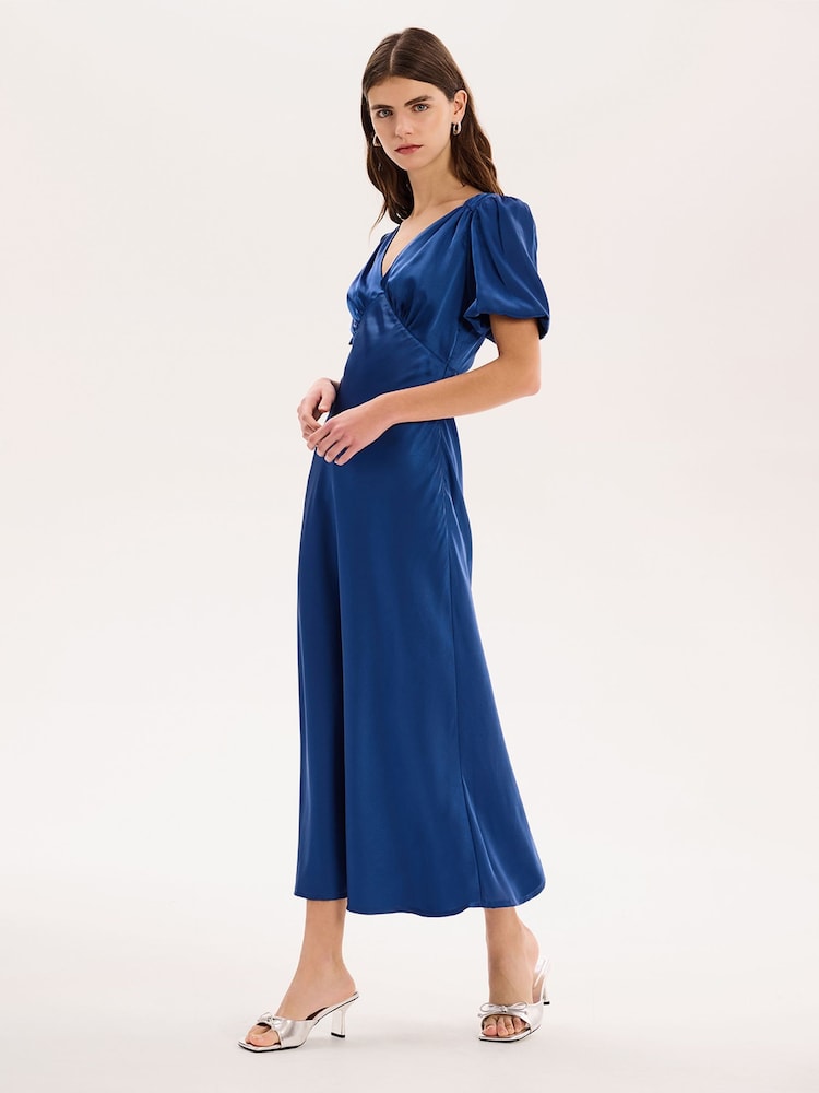 Omnes Navy Rosie Ruched Puff Sleeve Dress - Image 2 of 5
